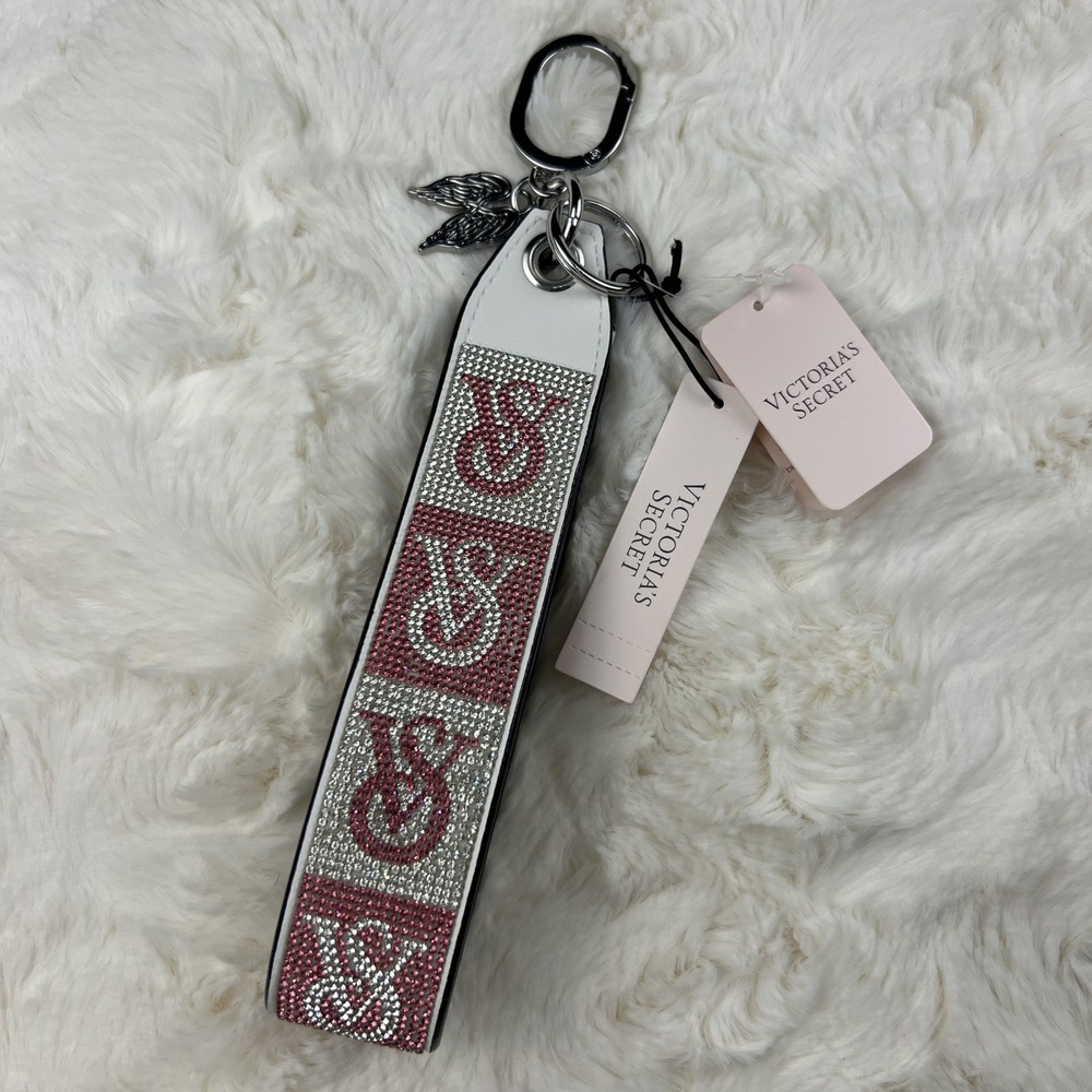 Victoria's Secret Wristlet Keychain Strap Charm Glitter Logo White Monogram NWT